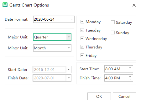 gantt chart options window